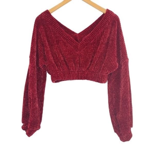 SPRING HAZE Burgundy Chenille Cropped Balloon Sleeve Sweater Top Size Small - Picture 3 of 12